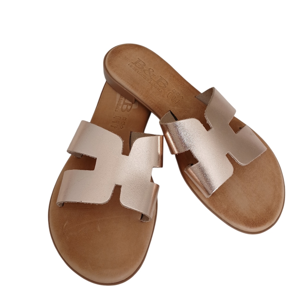 NEW B&B Greek Leather Sandals Women's 9.5 Rose Gold Flat Slip On Quiet Luxury